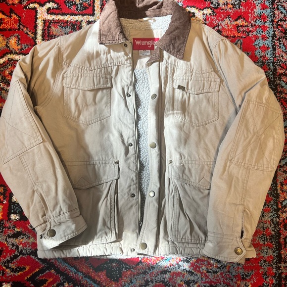 Wrangler Jackets & Blazers - Wrangler Beige Sherpa Lined Barn Jacket with Brown Collar